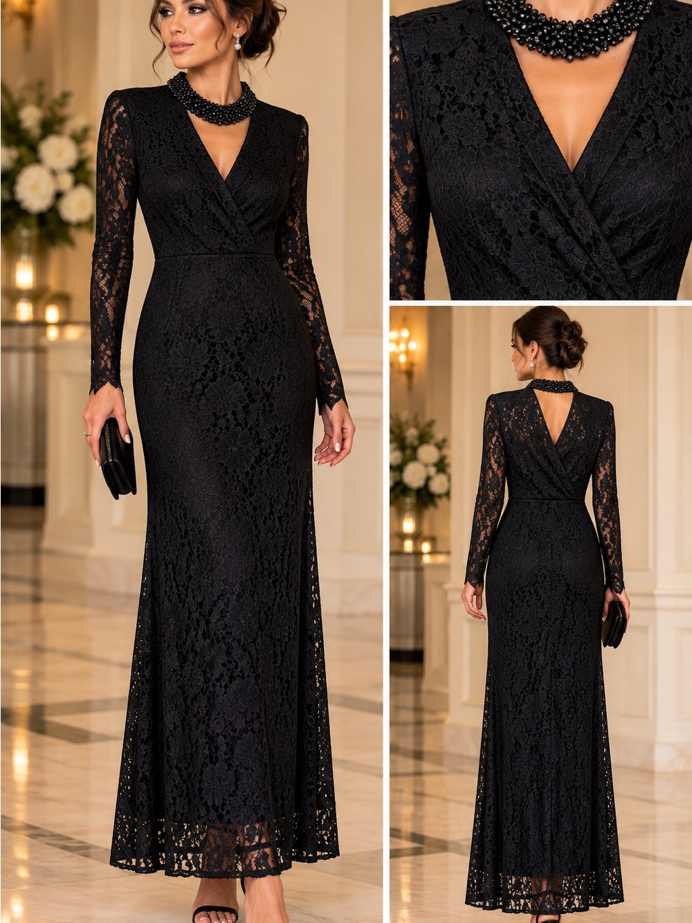 Emilio Pucci Black Lace Long-Sleeve V-Neck Maxi Dress